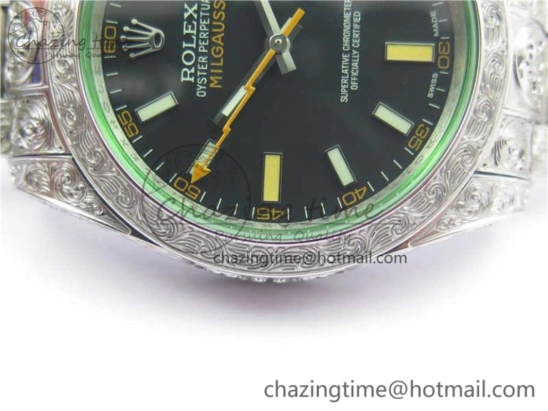 Milgauss 116400 904L Engraved SS DJF 11 Best Edition Black Dial on 904L Engraved SS Bracelet A2836 (Real Green Sapphire Crystal)