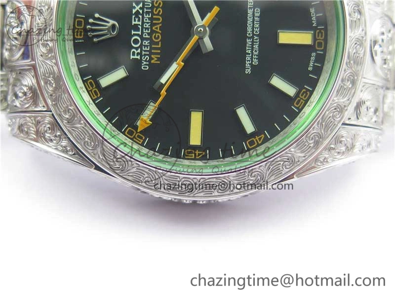 Milgauss 116400 904L Engraved SS DJF 11 Best Edition Black Dial on 904L Engraved SS Bracelet A2836 (Real Green Sapphire Crystal)