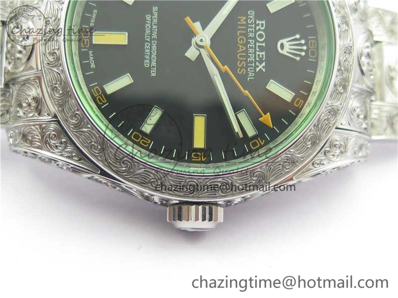 Milgauss 116400 904L Engraved SS DJF 11 Best Edition Black Dial on 904L Engraved SS Bracelet A2836 (Real Green Sapphire Crystal)