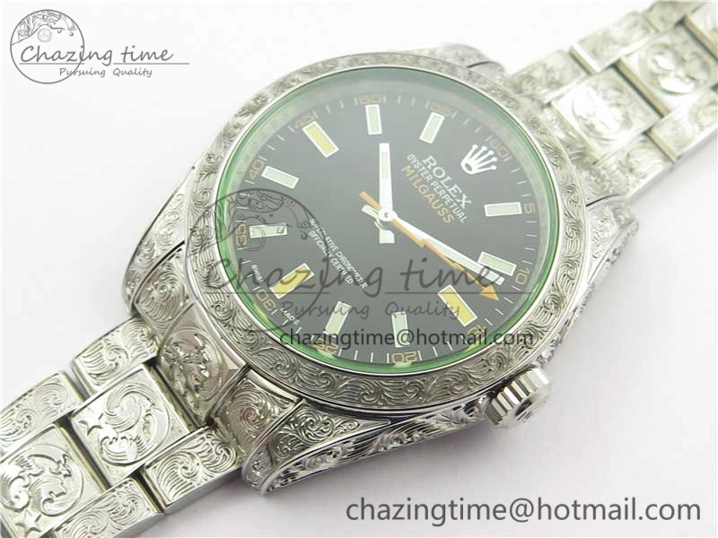 Milgauss 116400 904L Engraved SS DJF 11 Best Edition Black Dial on 904L Engraved SS Bracelet A2836 (Real Green Sapphire Crystal)