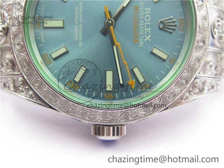Milgauss 116400 904L Engraved SS DJF 11 Best Edition Blue Dial on 904L Engraved SS Bracelet A2836 (Real Green Sapphire Crystal)