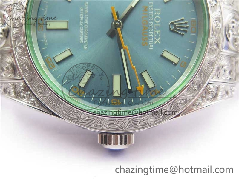Milgauss 116400 904L Engraved SS DJF 11 Best Edition Blue Dial on 904L Engraved SS Bracelet A2836 (Real Green Sapphire Crystal)
