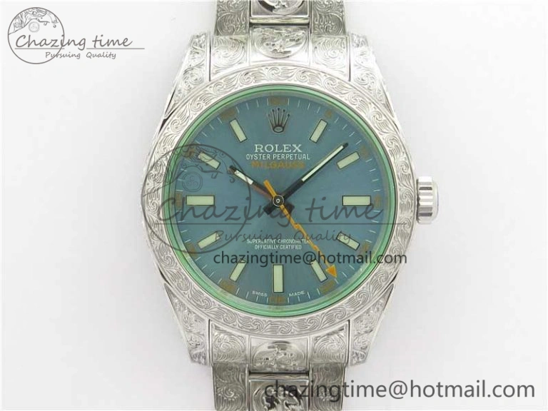 Milgauss 116400 904L Engraved SS DJF 11 Best Edition Blue Dial on 904L Engraved SS Bracelet A2836 (Real Green Sapphire Crystal)