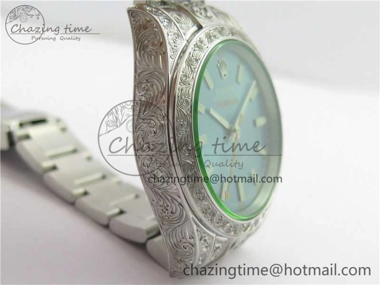 Milgauss 116400 904L Engraved SS DJF 11 Best Edition Blue Dial on 904L Engraved SS Bracelet A2836 (Real Green Sapphire Crystal)