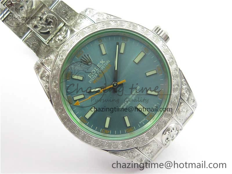 Milgauss 116400 904L Engraved SS DJF 11 Best Edition Blue Dial on 904L Engraved SS Bracelet A2836 (Real Green Sapphire Crystal)