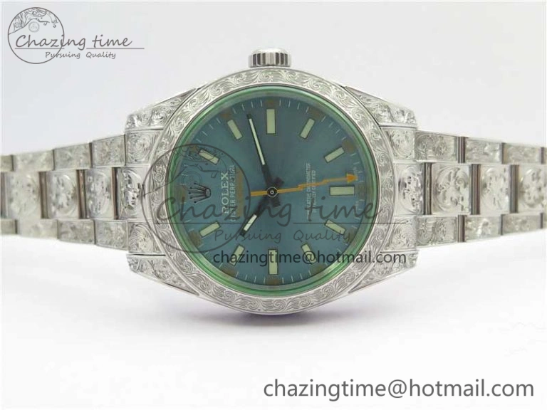 Milgauss 116400 904L Engraved SS DJF 11 Best Edition Blue Dial on 904L Engraved SS Bracelet A2836 (Real Green Sapphire Crystal)