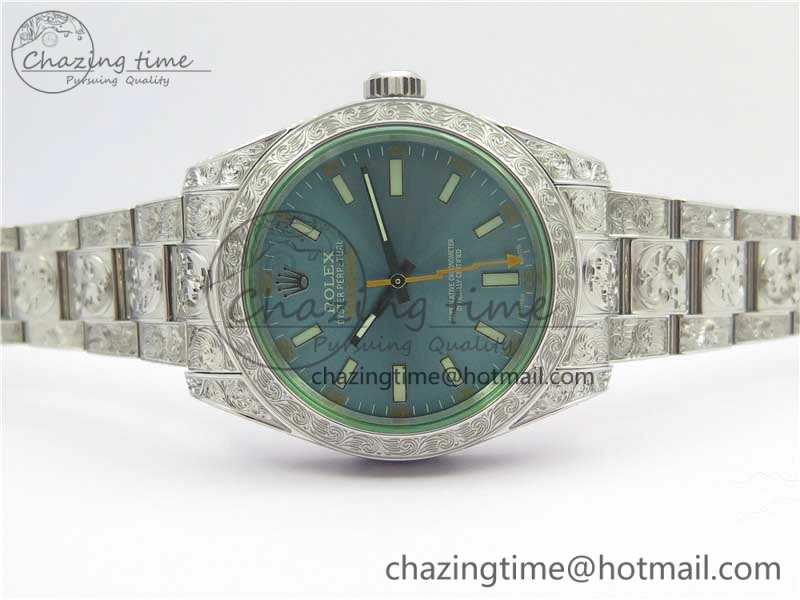 Milgauss 116400 904L Engraved SS DJF 11 Best Edition Blue Dial on 904L Engraved SS Bracelet A2836 (Real Green Sapphire Crystal)