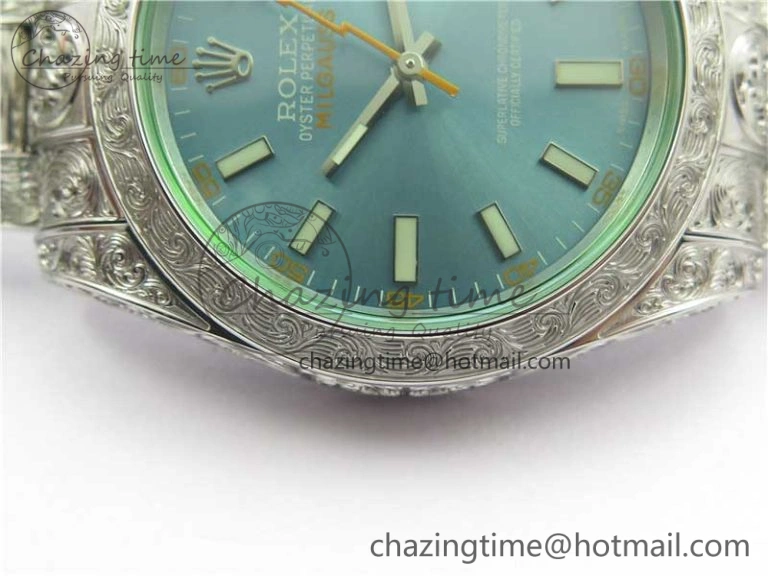 Milgauss 116400 904L Engraved SS DJF 11 Best Edition Blue Dial on 904L Engraved SS Bracelet A2836 (Real Green Sapphire Crystal)