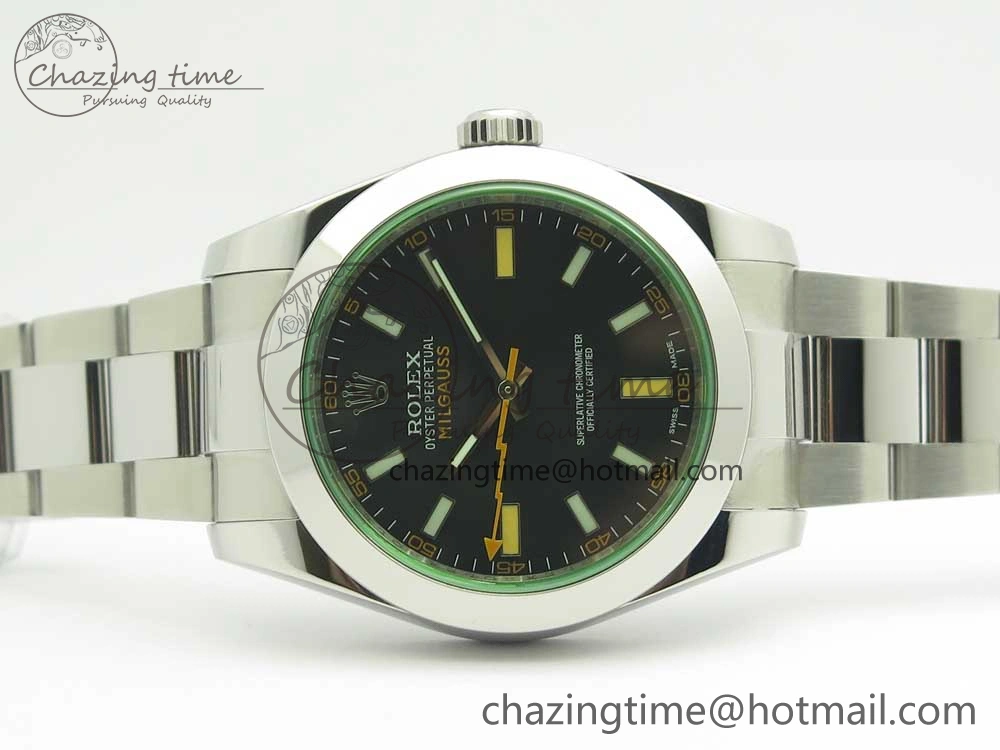 Milgauss 116400 904L SS DJF 1:1 Best Edition Black Dial on 904L SS Bracelet A2836 (Real Green Sapphire Crystal)