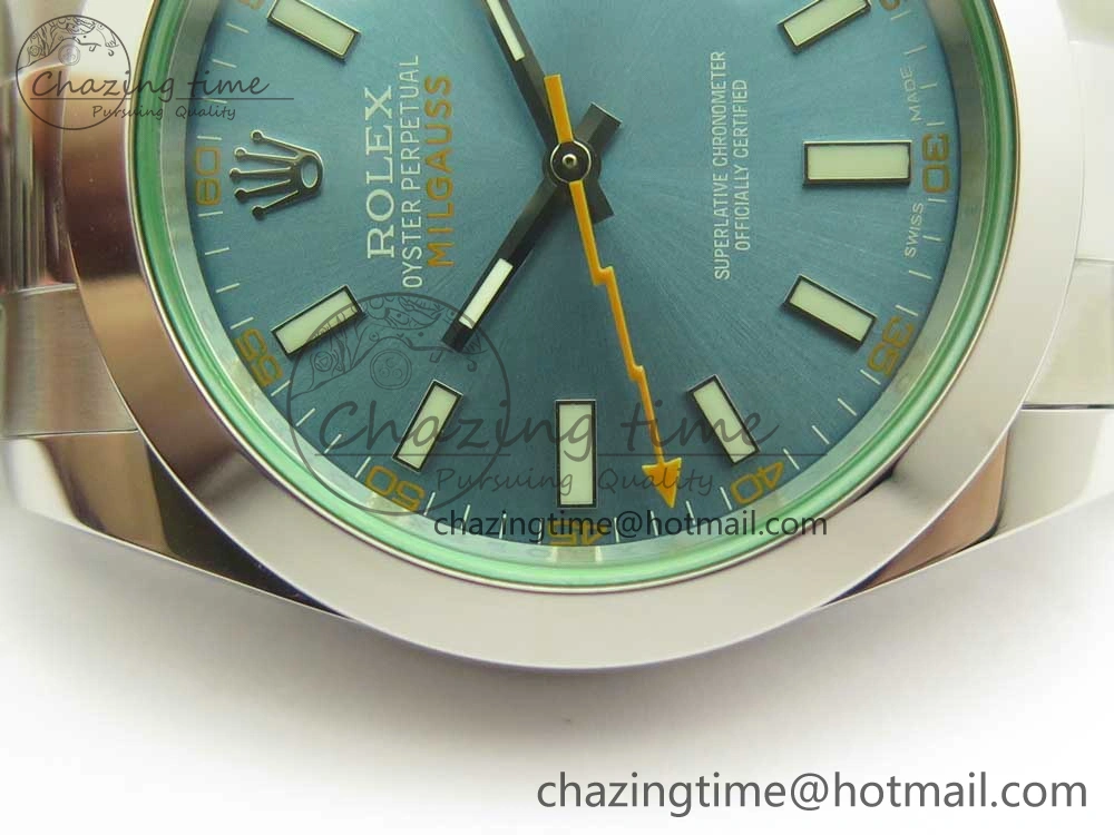 Milgauss 116400 904L SS DJF 1:1 Best Edition Blue Dial on 904L SS Bracelet A2836 (Real Green Sapphire Crystal)