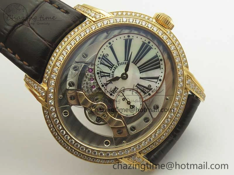 Millennium Series 15350 RG V9F 1:1 Best Edition Diamonds Bezel White Dial Black Markers on Brown Leather Strap A4101