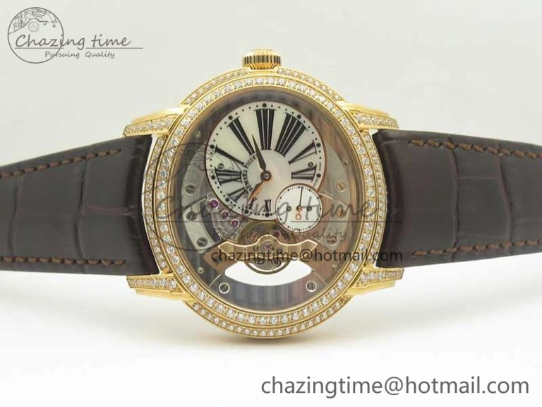 Millennium Series 15350 RG V9F 1:1 Best Edition Diamonds Bezel White Dial Black Markers on Brown Leather Strap A4101