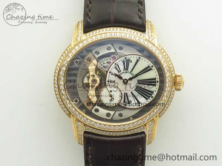 Millennium Series 15350 RG V9F 1:1 Best Edition Diamonds Bezel White Dial Black Markers on Brown Leather Strap A4101