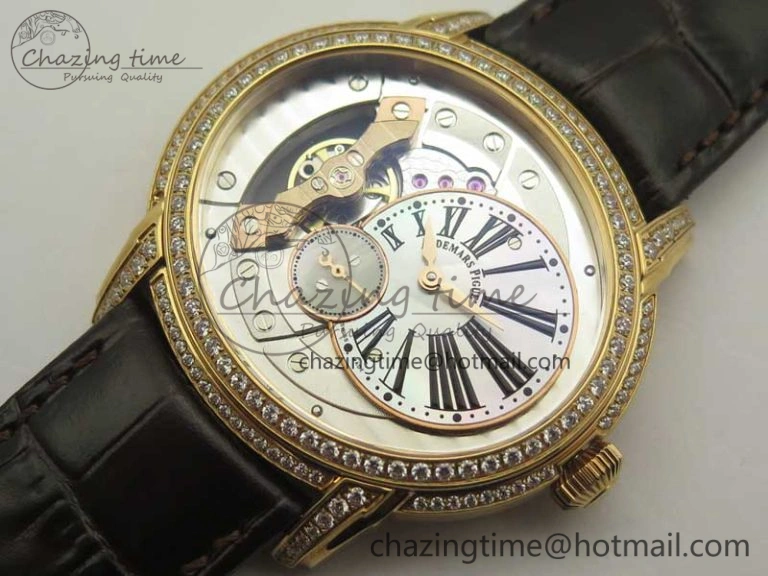 Millennium Series 15350 RG V9F 1:1 Best Edition Diamonds Bezel White Dial Black Markers on Brown Leather Strap A4101