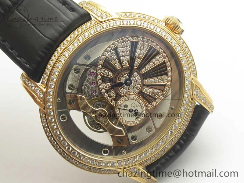 Millennium Series 15350 RG V9F 1:1 Best Edition Full Diamonds Black Markers on Black Leather Strap A4101