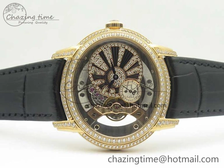 Millennium Series 15350 RG V9F 1:1 Best Edition Full Diamonds Black Markers on Black Leather Strap A4101