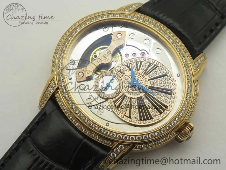 Millennium Series 15350 RG V9F 1:1 Best Edition Full Diamonds Black Markers on Black Leather Strap A4101