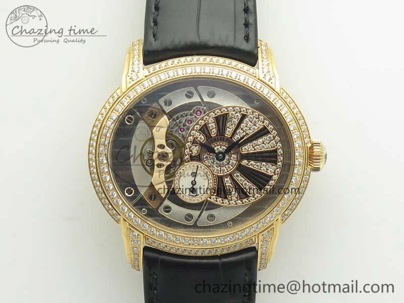 Millennium Series 15350 RG V9F 1:1 Best Edition Full Diamonds Black Markers on Black Leather Strap A4101
