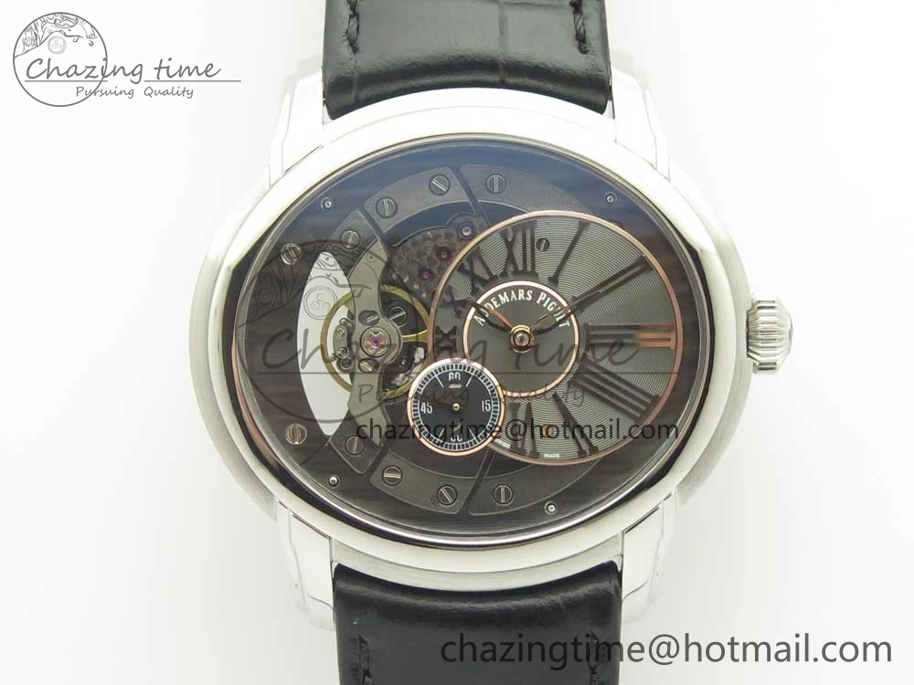 Millennium Series 15350 SS V9F 1:1 Best Edition Black Skeleton Dial on Black Leather Strap A4101