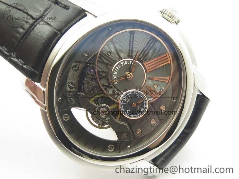 Millennium Series 15350 SS V9F 1:1 Best Edition Black Skeleton Dial on Black Leather Strap A4101