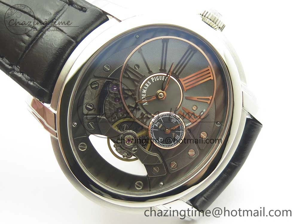 Millennium Series 15350 SS V9F 1:1 Best Edition Black Skeleton Dial on Black Leather Strap A4101