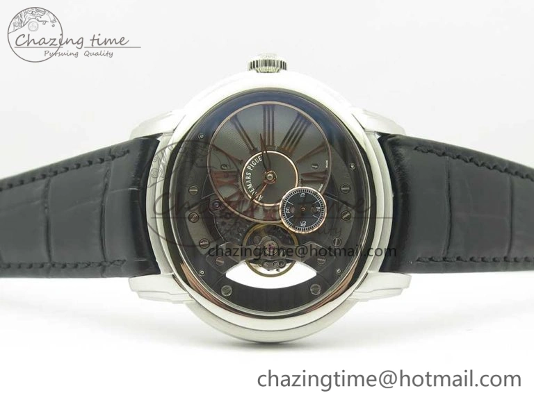 Millennium Series 15350 SS V9F 1:1 Best Edition Black Skeleton Dial on Black Leather Strap A4101