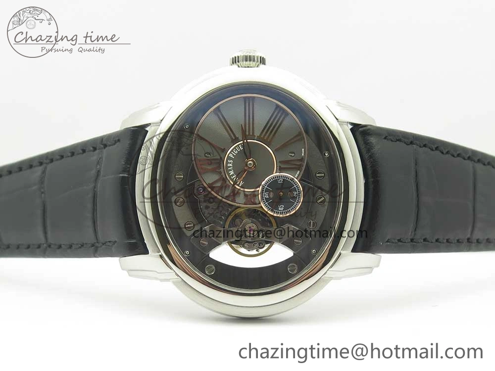 Millennium Series 15350 SS V9F 1:1 Best Edition Black Skeleton Dial on Black Leather Strap A4101