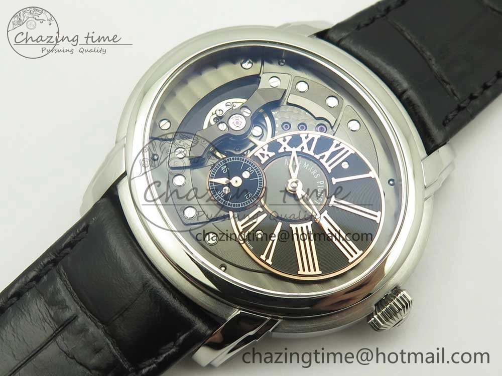 Millennium Series 15350 SS V9F 1:1 Best Edition Black Skeleton Dial on Black Leather Strap A4101