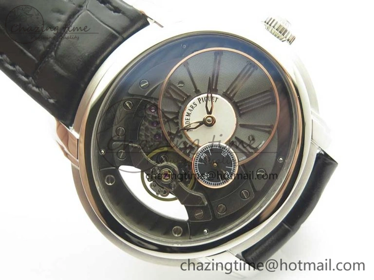 Millennium Series 15350 SS V9F 1:1 Best Edition Black White Skeleton Dial on Black Leather Strap A4101