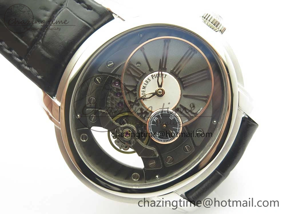 Millennium Series 15350 SS V9F 1:1 Best Edition Black White Skeleton Dial on Black Leather Strap A4101