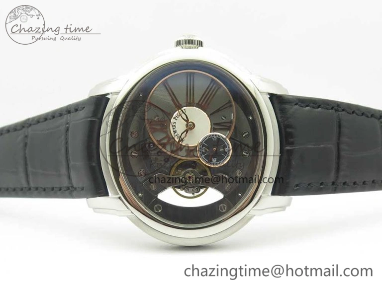 Millennium Series 15350 SS V9F 1:1 Best Edition Black White Skeleton Dial on Black Leather Strap A4101