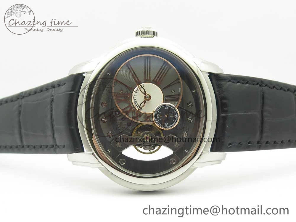 Millennium Series 15350 SS V9F 1:1 Best Edition Black White Skeleton Dial on Black Leather Strap A4101