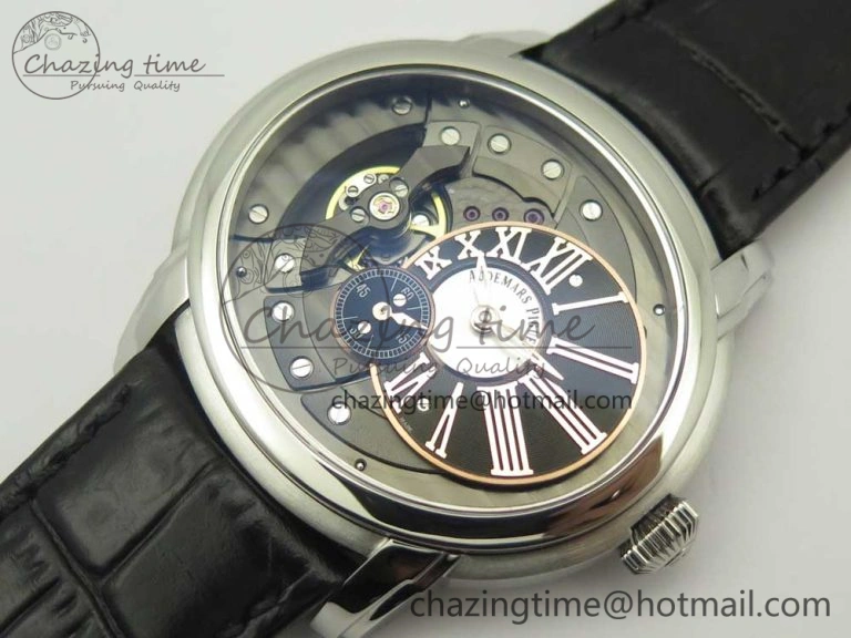 Millennium Series 15350 SS V9F 1:1 Best Edition Black White Skeleton Dial on Black Leather Strap A4101