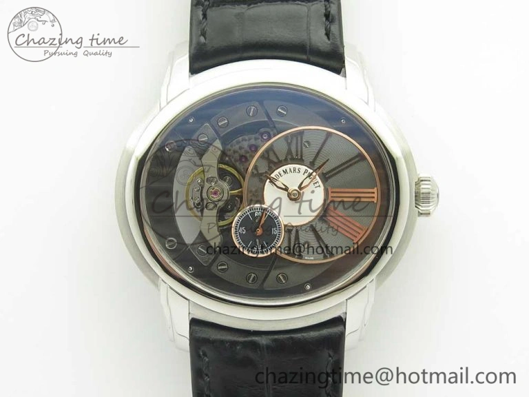 Millennium Series 15350 SS V9F 1:1 Best Edition Black White Skeleton Dial on Black Leather Strap A4101