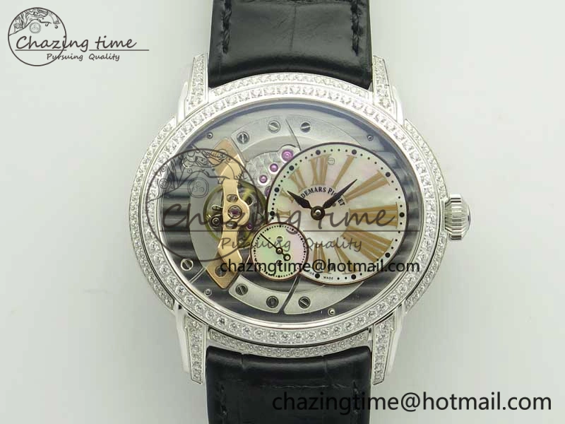 Millennium Series 15350 SS V9F 1:1 Best Edition Diamonds Bezel White Dial RG Markers on Black Leather Strap A4101
