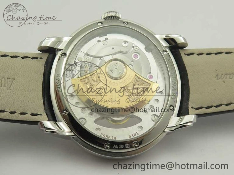 Millennium Series 15350 SS V9F 1:1 Best Edition Diamonds Bezel White Dial RG Markers on Black Leather Strap A4101