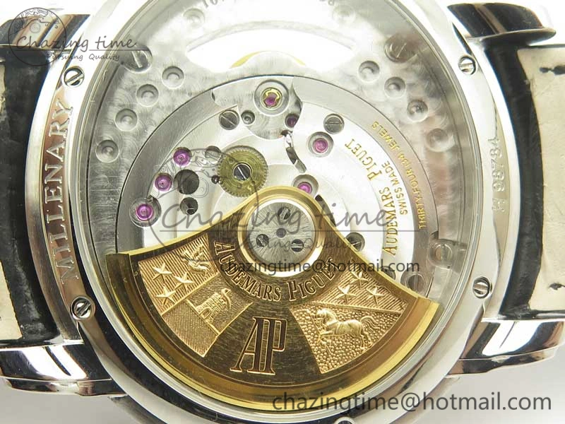 Millennium Series 15350 SS V9F 1:1 Best Edition Diamonds Bezel White Dial RG Markers on Black Leather Strap A4101