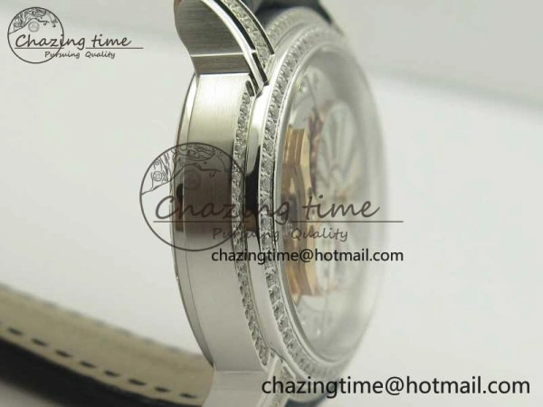 Millennium Series 15350 SS V9F 1:1 Best Edition Diamonds Bezel White Dial RG Markers on Black Leather Strap A4101