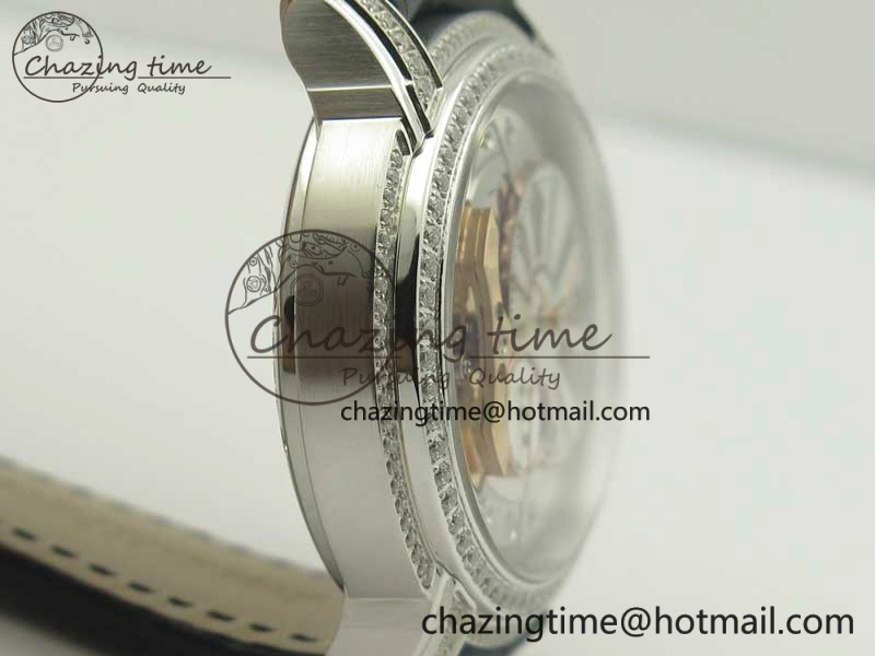 Millennium Series 15350 SS V9F 1:1 Best Edition Diamonds Bezel White Dial RG Markers on Black Leather Strap A4101