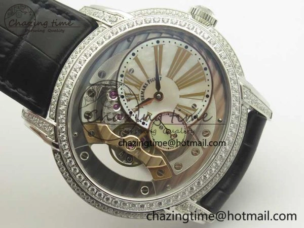 Millennium Series 15350 SS V9F 1:1 Best Edition Diamonds Bezel White Dial RG Markers on Black Leather Strap A4101