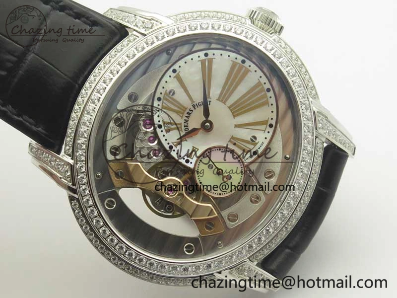 Millennium Series 15350 SS V9F 1:1 Best Edition Diamonds Bezel White Dial RG Markers on Black Leather Strap A4101