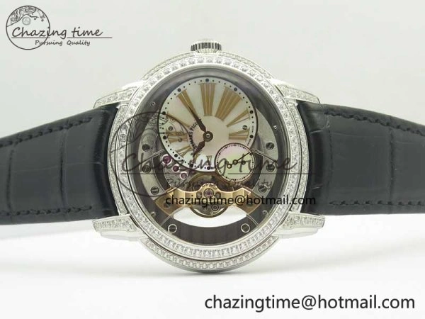 Millennium Series 15350 SS V9F 1:1 Best Edition Diamonds Bezel White Dial RG Markers on Black Leather Strap A4101