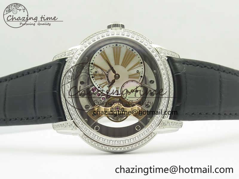 Millennium Series 15350 SS V9F 1:1 Best Edition Diamonds Bezel White Dial RG Markers on Black Leather Strap A4101