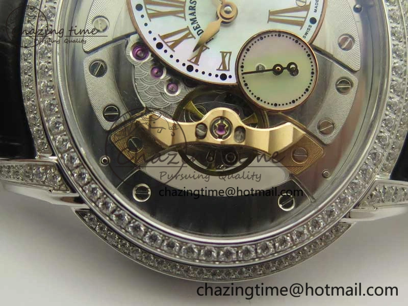 Millennium Series 15350 SS V9F 1:1 Best Edition Diamonds Bezel White Dial RG Markers on Black Leather Strap A4101