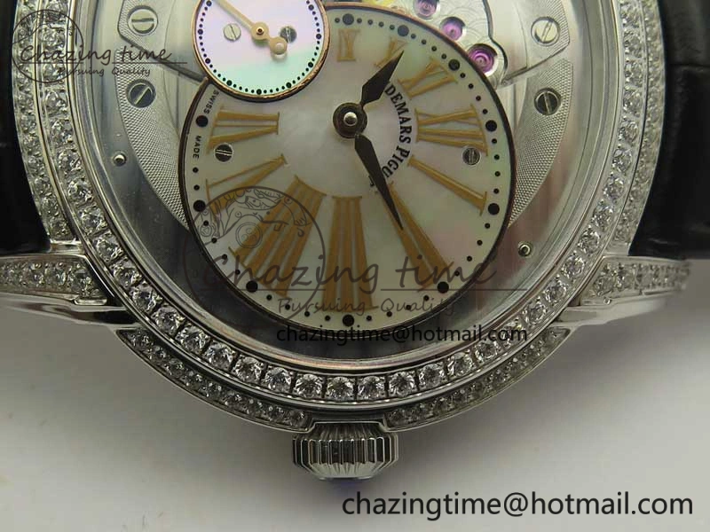 Millennium Series 15350 SS V9F 1:1 Best Edition Diamonds Bezel White Dial RG Markers on Black Leather Strap A4101