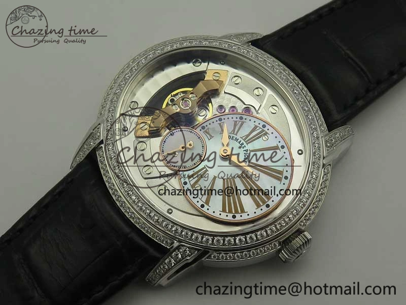 Millennium Series 15350 SS V9F 1:1 Best Edition Diamonds Bezel White Dial RG Markers on Black Leather Strap A4101