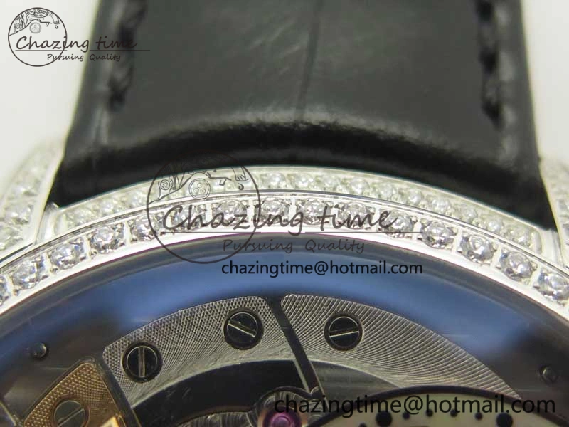 Millennium Series 15350 SS V9F 1:1 Best Edition Diamonds Bezel White Dial RG Markers on Black Leather Strap A4101