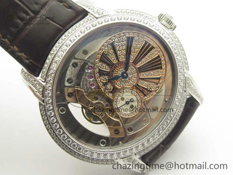 Millennium Series 15350 SS V9F 1:1 Best Edition Full Diamonds Black Markers on Brown Leather Strap A4101