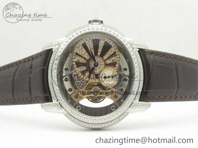 Millennium Series 15350 SS V9F 1:1 Best Edition Full Diamonds Black Markers on Brown Leather Strap A4101