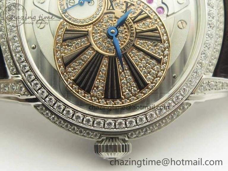 Millennium Series 15350 SS V9F 1:1 Best Edition Full Diamonds Black Markers on Brown Leather Strap A4101